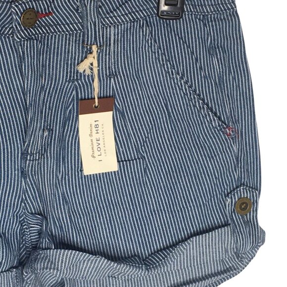 I Love H81 Denim Shorts Womens 29 Blue White Pinstripe Cuffed Roll Hem Pleated - Picture 12 of 13
